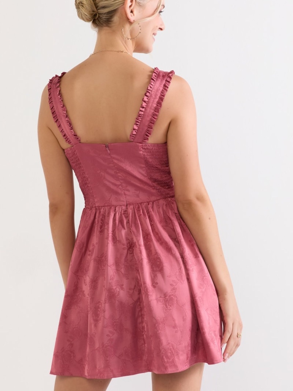 Ruffled Strap Coral Pink Sundress, Satiny Fabric - Picture 2 of 6